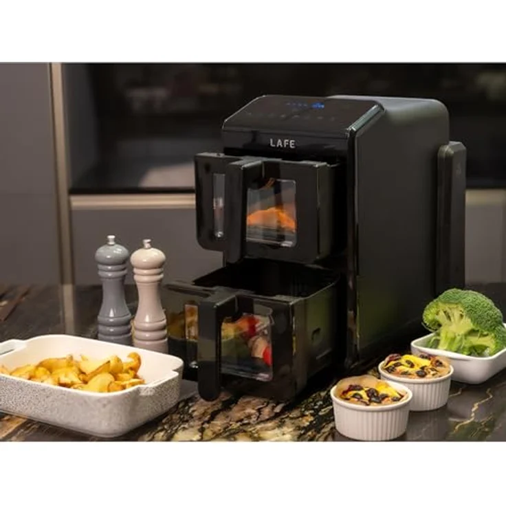 Lafe Dual Fry 10 l, Ölfreie Heißluftfritteuse mit zwei Kammern, 2460 W, LCD-Display, Temperatur 40–200 °C, Timer 60 min, Sichtfenster, gesundes Garen – Bild 4