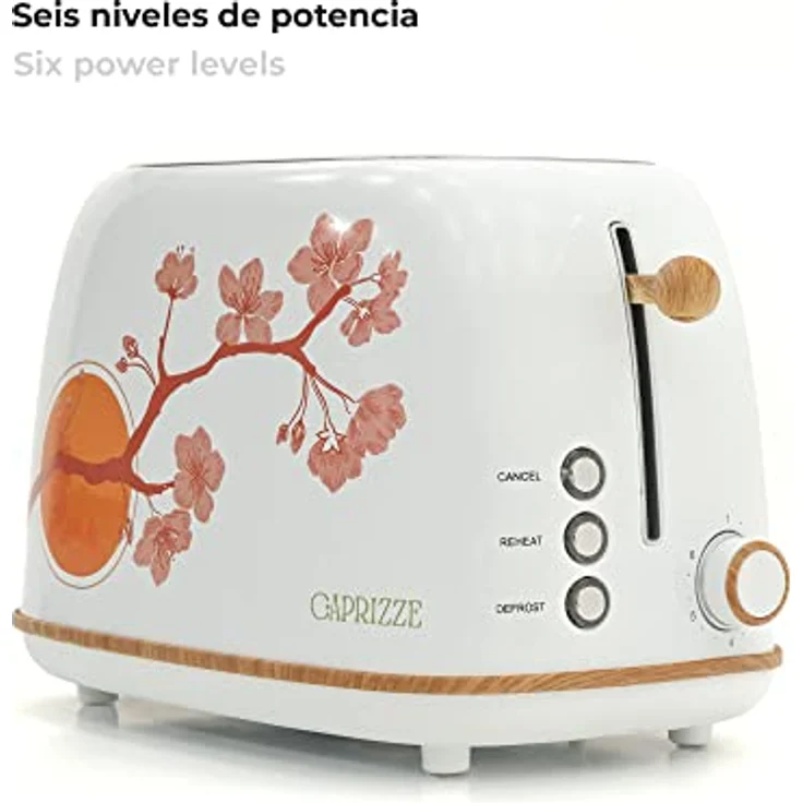 Caprizze Kaito Toaster, extra breiter Doppelschlitz 3,8 cm / 13,5 cm, 6 Toaststufen, Blumendekor und Holzeffekt, mattweiß – Bild 5