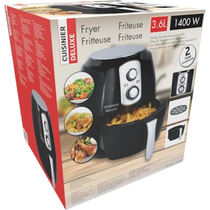 Cuisinier Deluxe Airfryer 3,6L, 1400W Heißluftfritteuse mit Temperaturregelung von 80 bis 200 °C und 60 Min Timer, spülmaschinenfreundlich, platzsparendes Design – Bild 2
