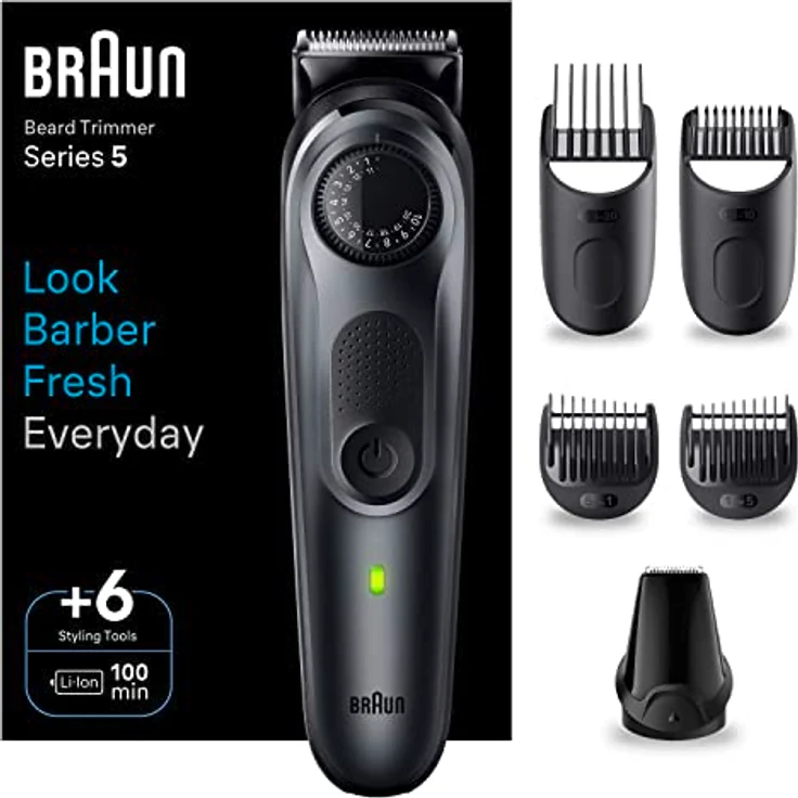 Braun Barttrimmer, Trimmer/Haarschneider Herren, Haarschneidemaschine mit ultrascharfer Klinge, 40 Längeneinstellungen, Tasche, 100 Min. kabellose Laufzeit, wasserdicht, Geschenk Mann, BT5450 – Bild 1