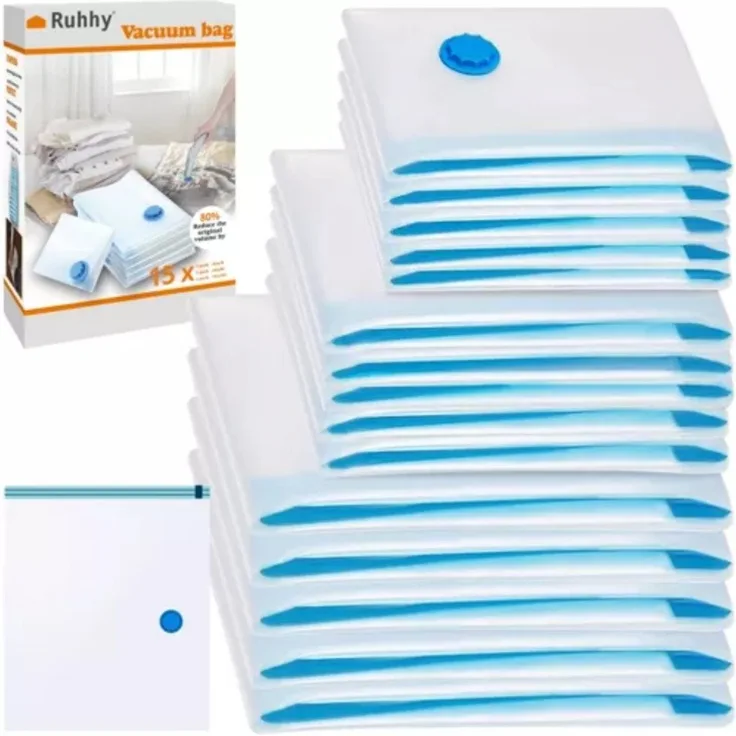 Ruhhy Vakuumierbeutel Vakuumbeutel-Set für Kleidung 15-teilig: Wiederverwendbar, 3 Größen, Transparent/Blau - Preisvergleich
