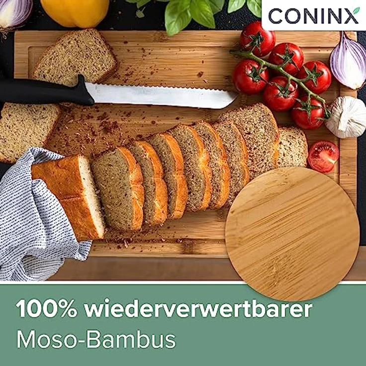 Coninx Schneidebrett Holz groß mit Saftrille - Antibakterielles Moso Bambus Holzbrett zum Schneiden von Gemüse, Obst, Käse, Fleisch & mehr - Robustes Holz Küchenbrett - Servierbrett – Bild 4