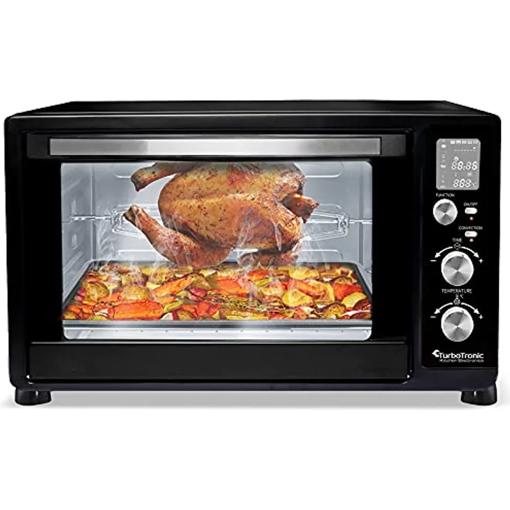 TurboTronic digitaler Minibackofen 45l schwarz 2000W, Drehspieß, 2 Backbleche, Timer, Dörrer, Dörrgerät, Dörrautomat, Pizzaofen
