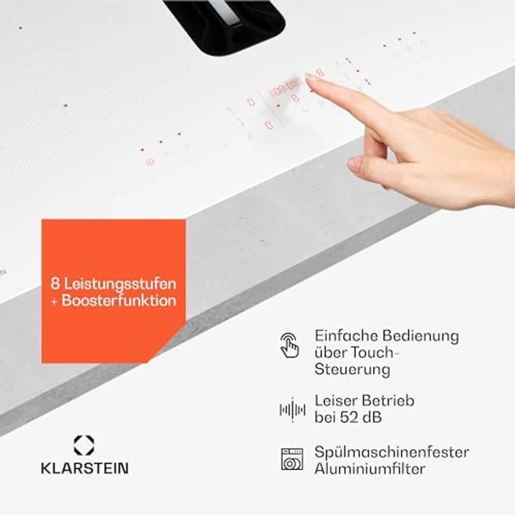 Klarstein AirJet FlexPro Induktionskochfeld mit integriertem Dunstabzug - A+ Energieeffizienz, 600 m³/h Abluft, 14 kW Leistung, 4 Flexzonen, leise 52 dB, Touch-Steuerung, Weiß – Bild 5