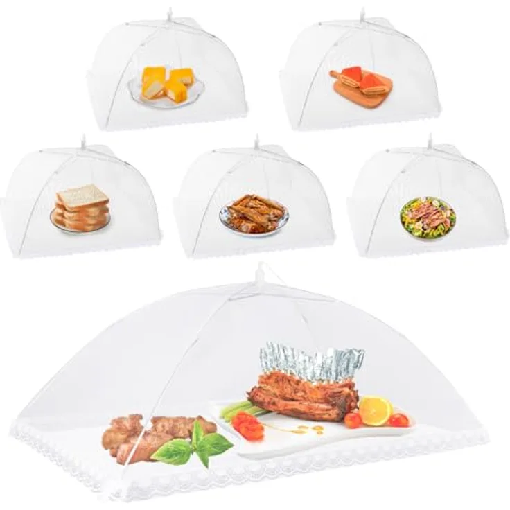 Homealexa 6er Set Fliegenhaube Lebensmittel, Wiederverwendbare Abdeckhaube für Essen (1 XL 100×60 cm & 5×43 cm), Faltbare Speisenabdeckung für BBQ, Picknick & Gartenparty mit Fliegenschutzและ Obstnetz