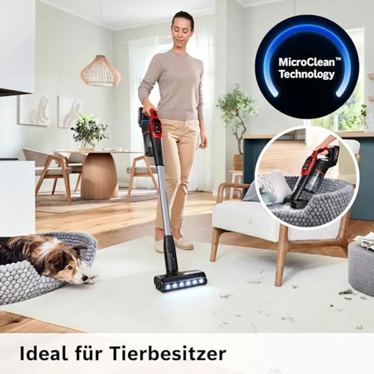 Bosch Akku-Staubsauger Unlimited 9 ProAnimal BKS941PET, MicroClean Technology, LED-Licht, HEPA-Filtersystem, 10 Jahre Motorgarantie, Schnellladegerät, rot – Bild 2