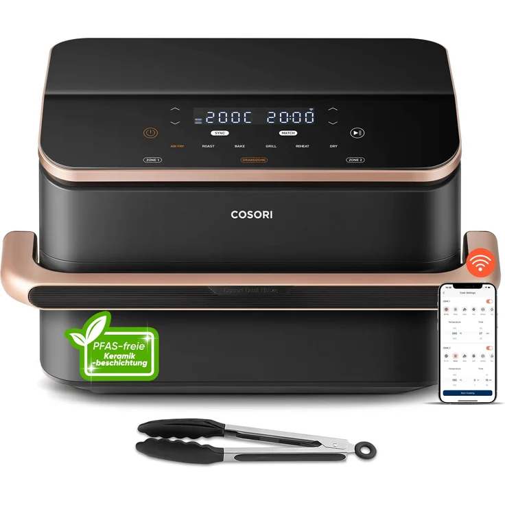 COSORI Dual Blaze TwinFry Heißluftfritteuse 10 L 2800 W, keramikbeschichteter Korb, 4 Heizelemente, Trennwand mit 2 Crisper Plates, dunkelgrau, CAF-TF101