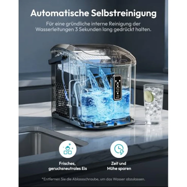 EUHOMY Eiswürfelmaschine Edelstahl, silber, 9 Eiswürfel in 6 Minuten, selbstreinigend, 1,2 Liter Tank – Bild 7