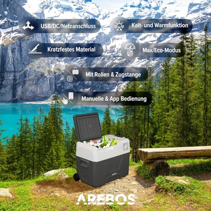 Arebos Kompressor Kühlbox 39 Liter, Elektrische Gefrierbox mit APP & Smart-Steuerung, -20 °C bis 20 °C, USB-Anschluss, für Auto, LKW, Camping, Boot, Wohnmobil – Bild 2