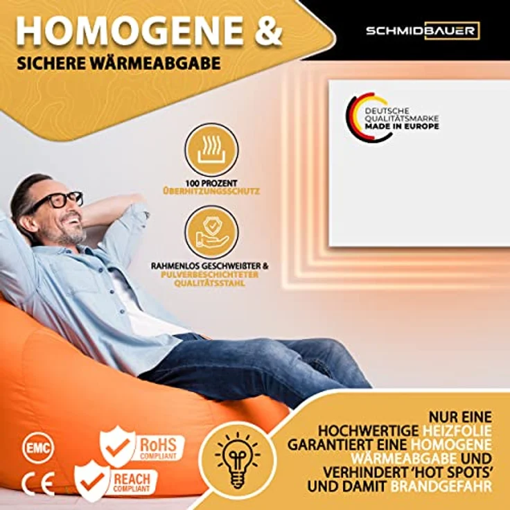 Schmidbauer Infrarotheizung Concept 550 Watt - deutsche Qualitätsmarke - Überhitzungsschutz - Wand/Deckenhalterung – Bild 4