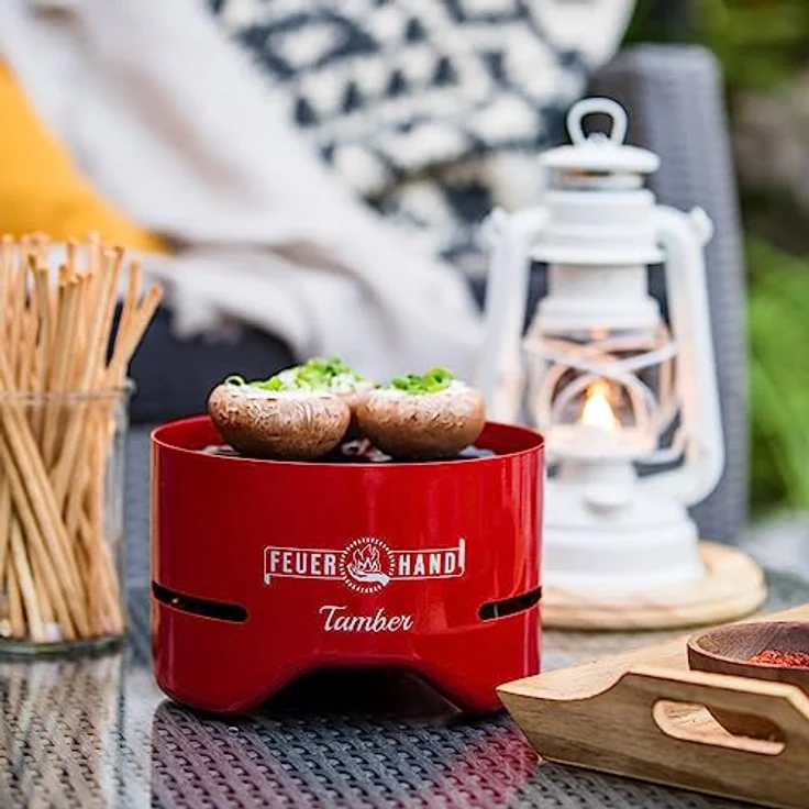 Feuerhand Tischgrill Tamber in Rot | Emaille Grillrost | Anti-Haft | raucharme Verbrennung | Ablaufrillen | mit Tischgrill-Kohle – Bild 3