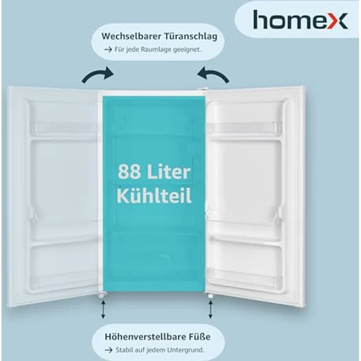 homeX CS1016-W Kühlschrank ohne Gefrierfach, 88L Vollraumkühlschrank freistehend, weiß, leise mit LED-Beleuchtung und verstellbaren Ablagen – Bild 4