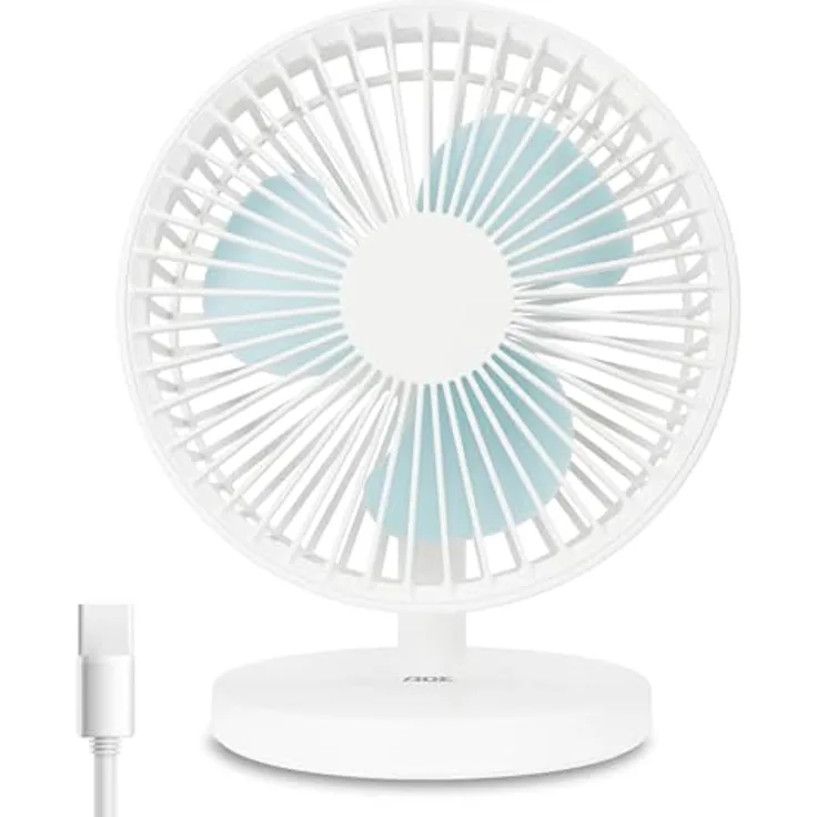ADE USB Tischventilator, flüsterleise mit 3 Stufen, Akku bis 7,5 h Laufzeit, 2.000 mAh, 90° Neigungswinkel, leicht und flexibel, weiß