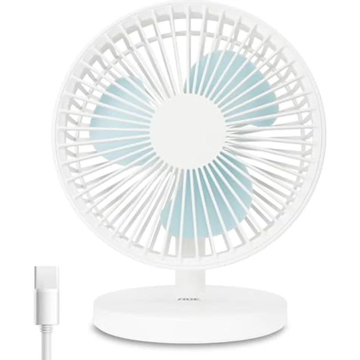 ADE USB Tischventilator, flüsterleise mit 3 Stufen, Akku bis 7,5 h Laufzeit, 2.000 mAh, 90° Neigungswinkel, leicht und flexibel, weiß – Bild 1
