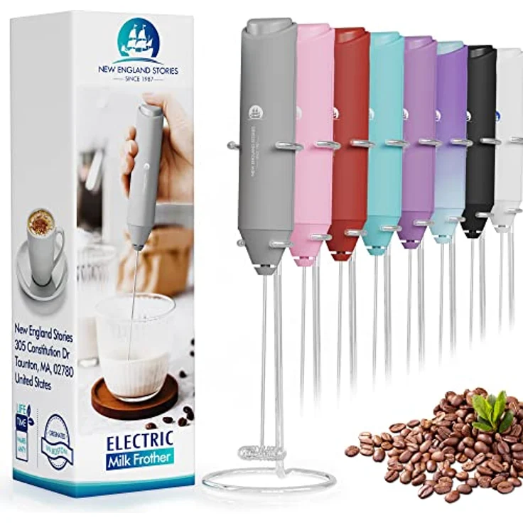 New England Stories Handheld Foam Maker, leistungsstarker Milchaufschäumer für Kaffee, Cappuccino, Latte, mit ergonomischem Design und Edelstahl-Schneebesen, inklusive Ständer – Bild 1