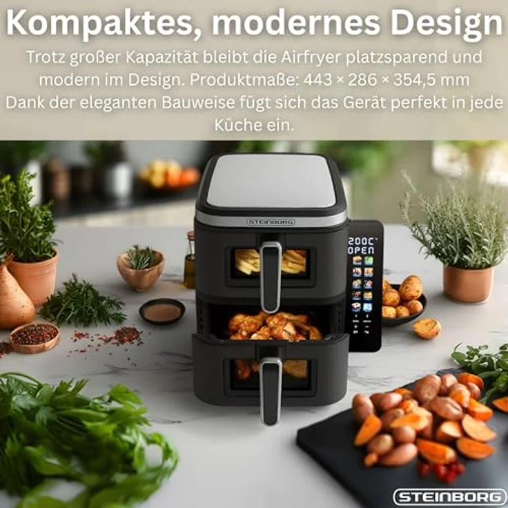 Steinborg® Heissluftfritteuse Doppelkammer 11 Liter, 2 Frittierkammern à 5,5L, 360° Fry Force Technologie, 8 One-Touch-Programme, platzsparendes Design – Bild 5