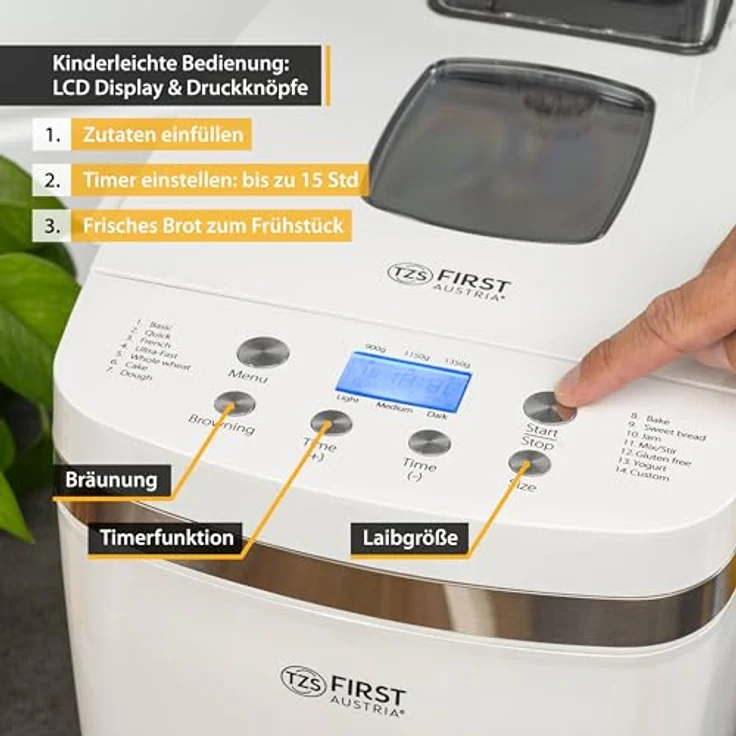 TZS First Austria Multifunktionaler Brotbackautomat | 14 Programme | Zutatenspender | Teigmenge 900g und 1350g | einstellbare Bräunungsgrade | Timer | Warmhaltefunktion | automatische Abschaltung – Bild 2