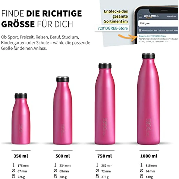 Trinkflasche Doppelwandig Edelstahl 750ml Isolierflasche 720°DGREE milkyBottle fuchsia pink – Bild 3