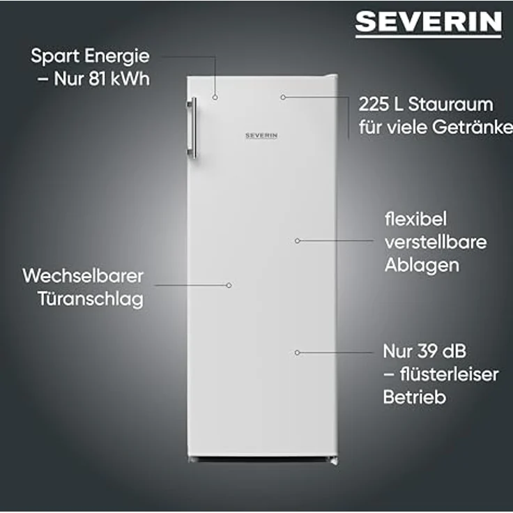 SEVERIN FKS 8818 Flaschenkühlschrank, 225L, energieoptimiert, leiser Betrieb, wechselbarer Türanschlag, Edelstahl/silber/weiß, 141 cm Höhe – Bild 2
