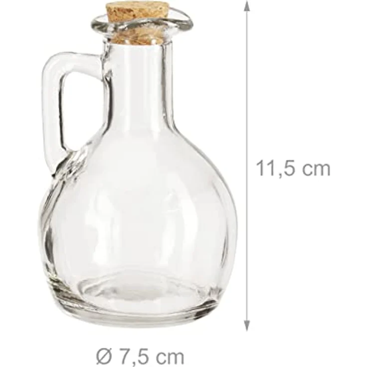 Relaxdays Öl- & Essigkanne 2er Set, transparente Glasflaschen mit Korken, je 180 ml, runder Glaskörper, ideal für Küche und Esstisch – Bild 4