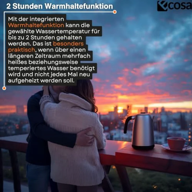Ecosa Edelstahl Wasserkocher 1,7L mit Touch Display, 2200W, 13 Temperaturstufen 40–100 °C, Warmhaltefunktion und 360° Basis – Bild 5