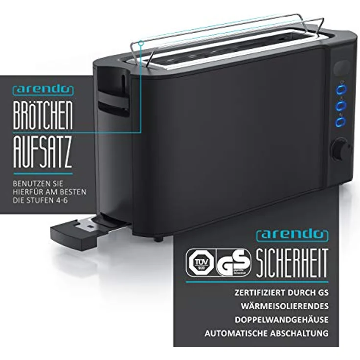 Arendo Toaster Langschlitz 2 Scheiben - Defrost Funktion - 1000 W - Doppelwandgehäuse - Bräunungsgrade 1-6 - Display mit Restzeitanzeige - Edelstahl schwarz matt – Bild 5