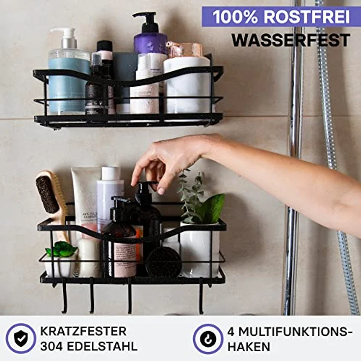 Kincmax Duschregal für Badezimmer, ohne Bohren, rückstandslos klebend, SUS304 rostfreier Lebensmittel-Aufbewahrungskorb, 2-in-1 Küche Gewürzregal, 2 Stück matte black – Bild 3