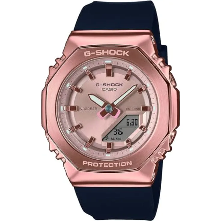 Casio G-Shock Damenuhr Schwarz/Roségold GM-S2110PG-1A4ER, Alarm, Stoppuhr, Im Dunkeln leuchtend