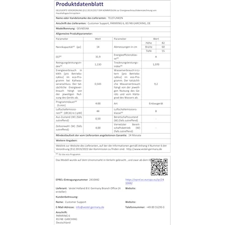 Telefunken GEV6014A Geschirrspüler 60 cm vollintegrierbar, 14 Gedecke, 9 Programme, Aquastop, energieeffizient, leise 44 dB – Bild 13