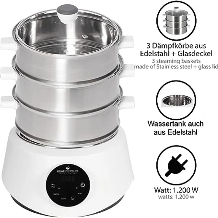 KeMar Kitchenware KFS-3000 Dampfgarer, Hot Pot, Fondue mit Touch Display, 3 Dampfkörbe aus Edelstahl, 4 Programme, Timer, Steamer – Bild 3