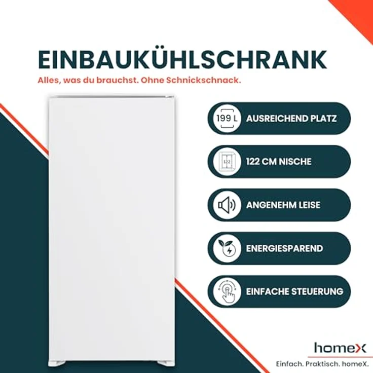homeX CB1991E Einbaukühlschrank, 199 Liter, ohne Gefrierfach, Schlepptürtechnik, LED-Beleuchtung, 39 dB, für 122 cm Nische – Bild 2