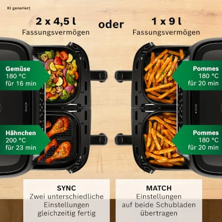 Bosch Heißluftfritteuse Serie 4, Doppelkammer, 9L (2 * 4,5L), Airfryer Dual mit 6 Programmen, PFAS-frei – Bild 4