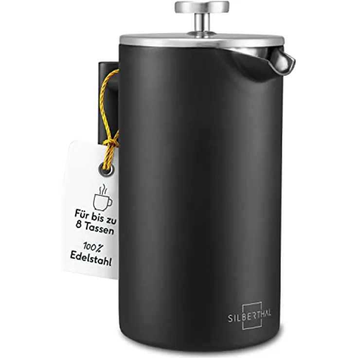 SILBERTHAL French Press Thermo 1 Liter - Kaffeebereiter Edelstahl - Doppelwandig isolierte Kaffeepresse - Ideal fürs Camping, Schwarz