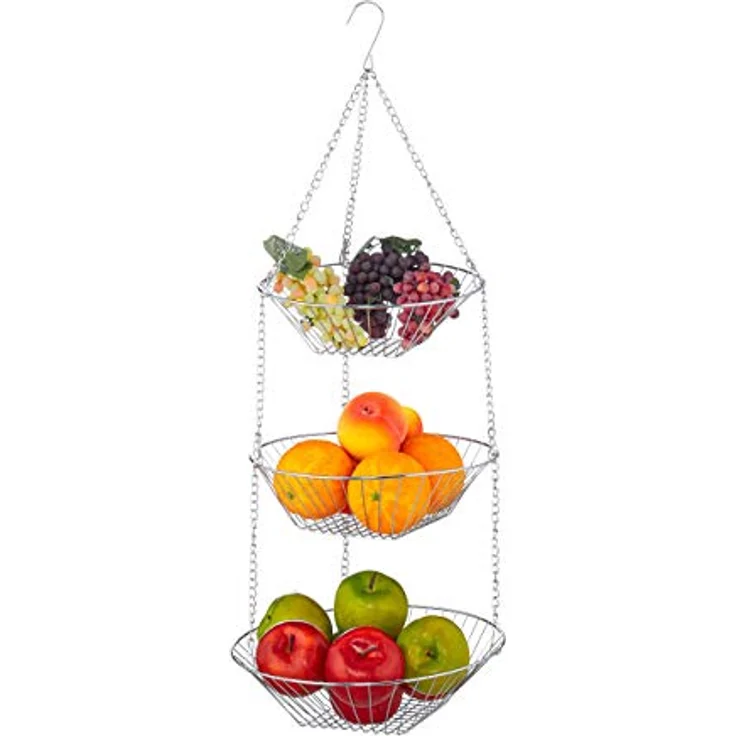 Relaxdays Hängekorb 3 Etagen, hängende Obstkörbe, 3er Etagere für die Decke, Obst, platzsparend in Küche, Stahl, silber, 73 x 28 x 28 cm – Bild 1