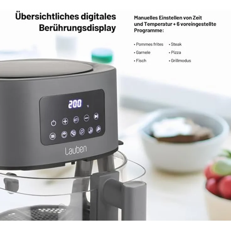 Lauben Glass&Grill Air Fryer 3in1 5500BG Heißluftfritteuse mit 5,5 l Glas-Frittierkorb, 6 Programme + Manuelles Einstellen, Grill- und Bratpfannenfunktion – Bild 5