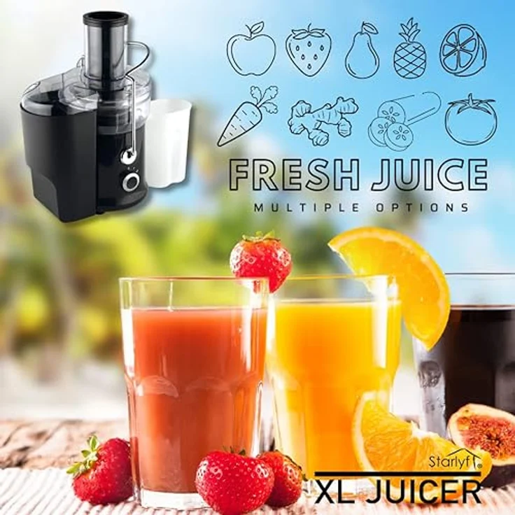 Starlyf XL Juicer Leistungsstarke Saftpresse 600 W, 2 Geschwindigkeiten, BPA-frei, für die Küche, Explulsa Fruchtfleisch, schneller Säfte, Obst und Gemüse, Cold Press Entsafter, leise – Bild 4