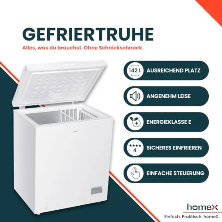 homeX FT1421-W Gefriertruhe, 142 Liter, 4-Sterne Gefrieren, leise 38 dB, inklusive Ablagekorb, kompakte Maße 70,5 x 85 x 56 cm – Bild 2