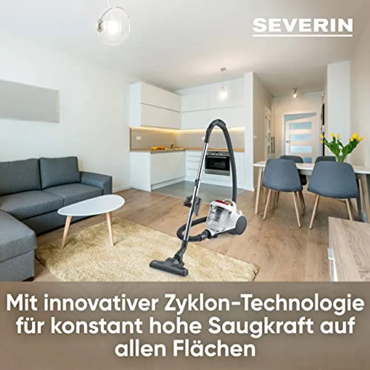 SEVERIN Beutelloser Zyklon-Staubsauger, Bodenstaubsauger für Allergiker, Staubsauger ohne Beutel mit Premium-Eco-Boden- und Parkettdüse, 2 L, weiß-silber-rot, CY 7106 – Bild 3