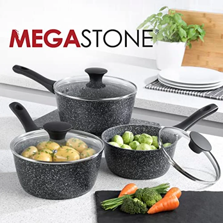 Salter BW05751S 3-teiliges Kochtopf-Set - Megastone Antihaft Topf-Set mit Hartglas Deckel und Dampfdüsen, 16cm/1.5L, 18cm/1.8L, 20cm/2.4L, Metallutensilien, induktions und Spülmaschinenfest, PFOA-frei – Bild 2