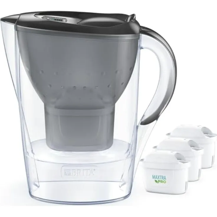 Brita Filterkanne Marella +3 Maxtra Pro PP, grau, 2,4 l 150 l - Wasserfilter mit mehrfarbigem Design