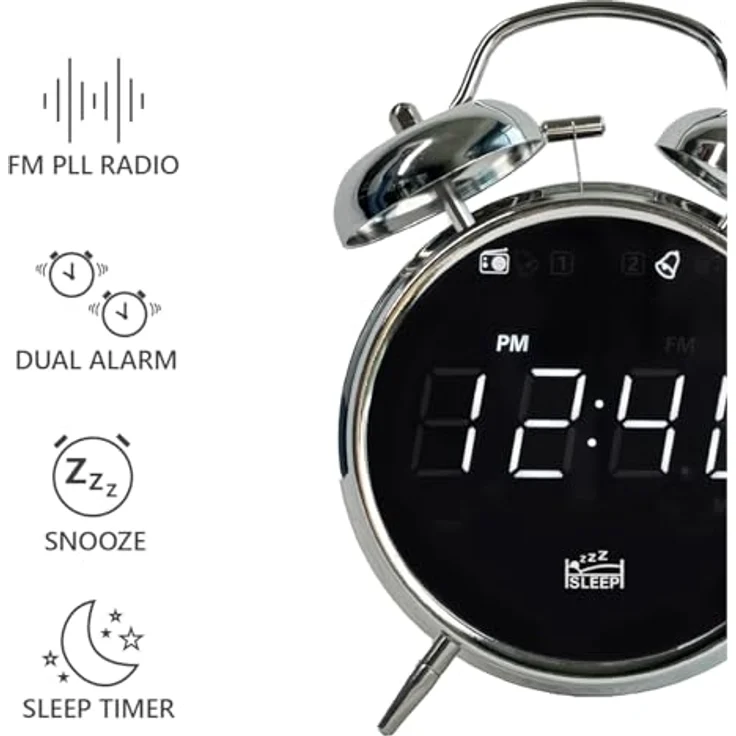 SILVA Schneider URW 240 Retro Uhrenradio, Weckfunktion mit Doppelglockenwecker, dimmbares LED-Display, Einschlaf-Timer, Wecken mit Klingel oder Radio, Chrom – Bild 5