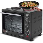 Turbotronic/Minibackofen mit Umluft und Kochplatten / 35l / schwarz / 3200W, Mini Backofen mit Timer, Pizzaofen, Drehspieß, Backblech, Innenbeleuchtung