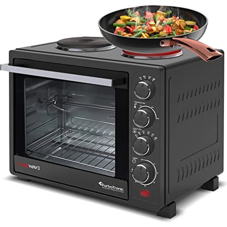 Turbotronic/Minibackofen mit Umluft und Kochplatten / 35l / schwarz / 3200W, Mini Backofen mit Timer, Pizzaofen, Drehspieß, Backblech, Innenbeleuchtung – Bild 1