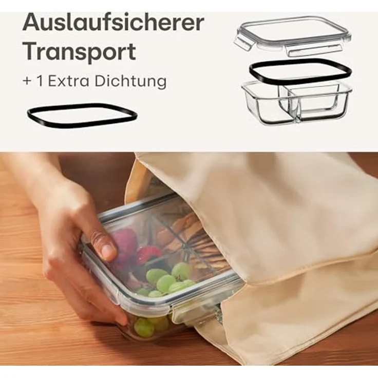 Praknu Lunchbox Frischhaltedosen Set Glas 3 Kammer 1000 ml - BPA-freier Kunststoffdeckel, Ofenfest, Bento Box Zum Einfrieren - Tupper – Bild 3