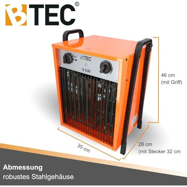 BTEC Heizlüfter 9000 Watt - Elektroheizer - Elektroheizung - 2 Heizstufen - Frostwächter - 9kW Heizer, Pulverbeschichtet – Bild 4