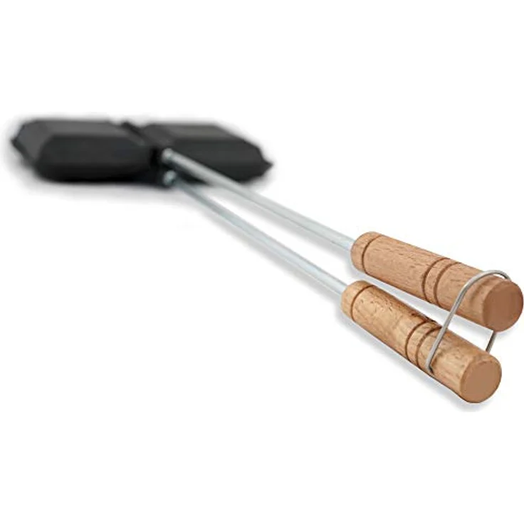 BBQ-Toro Sandwichmaker Waffeleisen, rechteckige Doppelform aus Gusseisen, bereits eingebrannt mit ergonomischen Holzgriffen – Bild 7