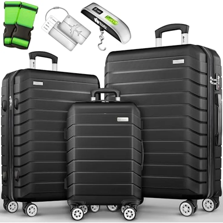 tillvex® Reisekoffer Set 3-TLG. Hartschalenkoffer mit 4 Rollen, TSA Schloss, inkl. Gepäckwaage, 6 Koffergurte & 3 Kofferanhänger, Schwarz, Größen S-M-L-XL – Bild 1