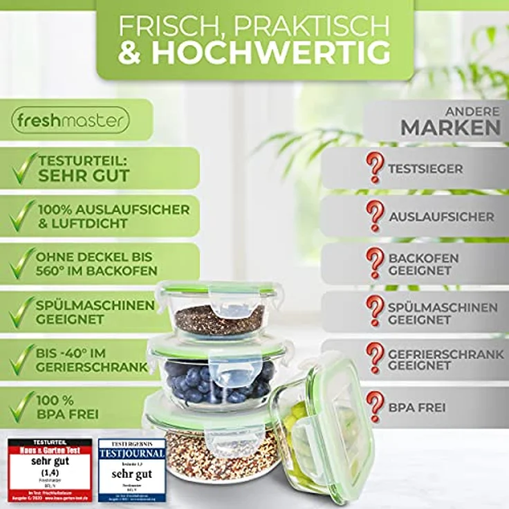 Fresh Master Frischhaltedose Glas Set - 100% auslaufsichere + luftdichte Vorratsdosen - BPA frei - Spülmaschinenfest - Geeignet für Mikrowelle, Backofen und Gefrierschrank (18 teilig) – Bild 4