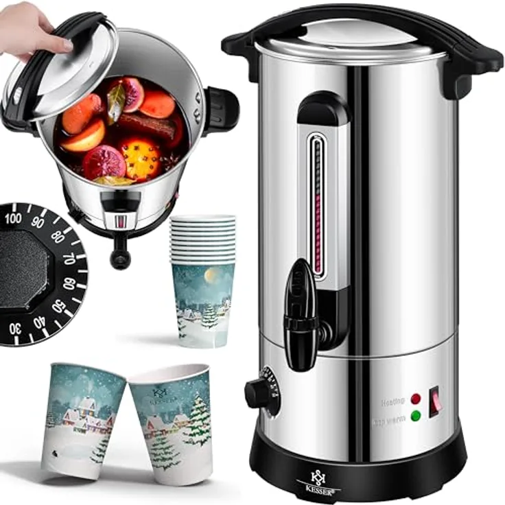 KESSER Glühweinautomat 6,8L Edelstahl, Heißgetränke- und Einkochautomat mit 1800 W, Thermostat 30-100°C, Auto-Erhitzen & Warmhalten, inkl. 10 Bechern mit Wintermotiv