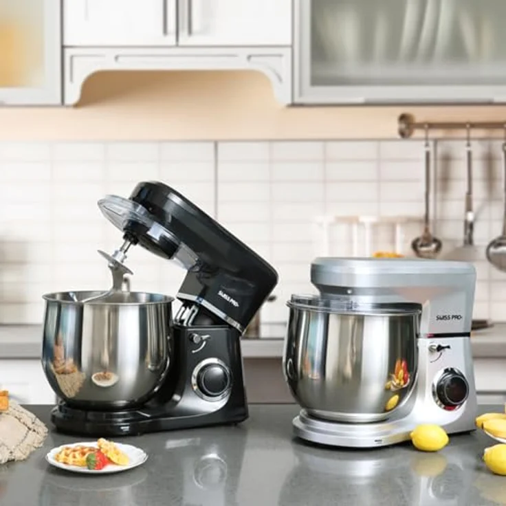 Swiss Pro+ Küchenmaschinen, rührgeräte & mixer - Teigknetmaschine mit Spritzschutz mit Einfüllöffnung - 2200W - Edelstahl - Silber - 10L – Bild 5
